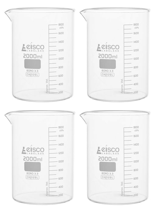 4PK Beakers, 2000ML - low form - graduated - borosilicate