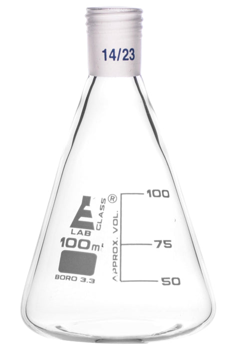 Erlenmeyer flask with 14/23 joint, 100ML capacity, 25ML graduations, interchangeable