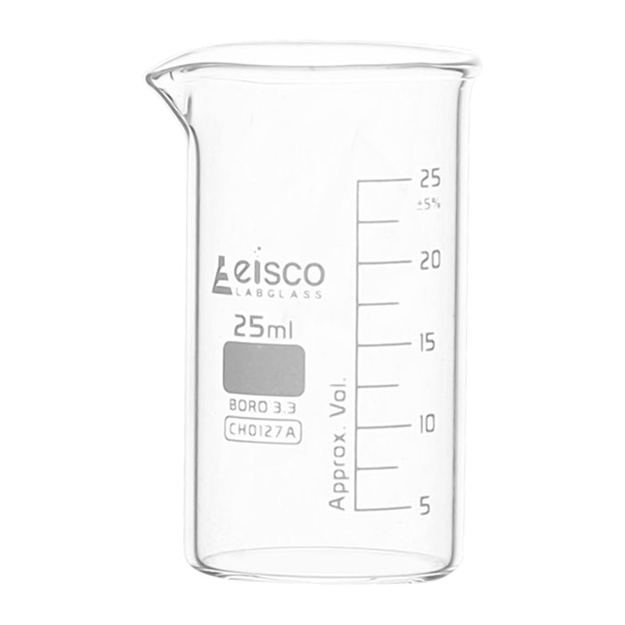 Beaker, 25ML - tall form - white graduations - borosilicate
