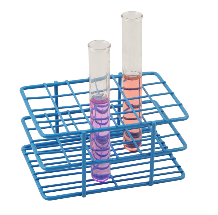 Blue epoxy coated steel wire test tube rack, 24 holes
