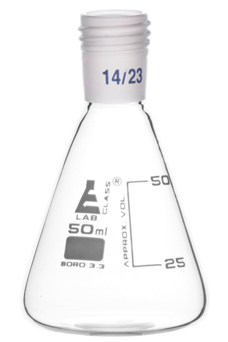 Erlenmeyer flask with 14/23 joint, 50ML capacity, 25ML graduations, interchangeable