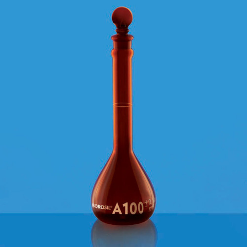Borosil 5657020 flask,vol.,wm, i/c stopper,amber,cl a