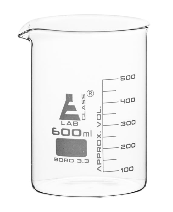 Beaker, 600ML - low form - 50ML graduations - borosilicate