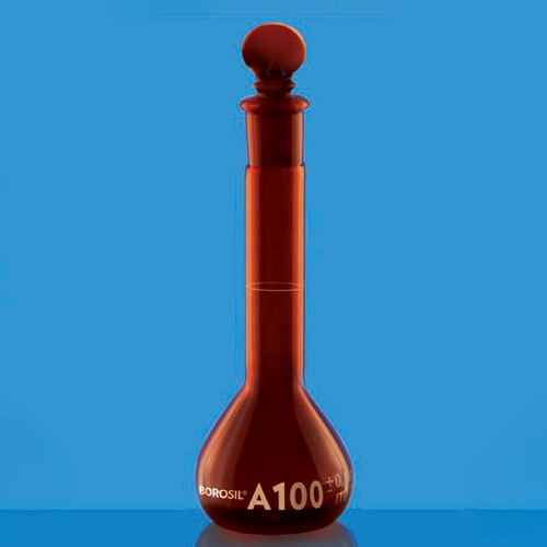 Borosil 5653005 flasks, volumetric, wide neck, with i/c stopper, amber