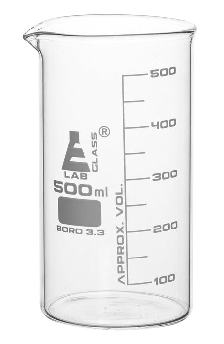 Beaker, 500ML - tall form - white graduations - borosilicate